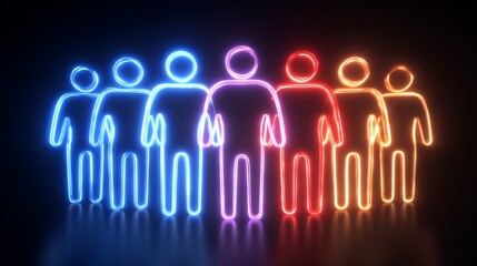 Poster - Three vibrant illuminated people, luminous neon figures, stand together in a glowing row