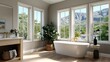 © lililia - Scandinavian-style bathroom features a freestanding bathtub and large windows showcasing mountain views, perfect for post-work relaxation