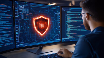 Poster - Cybersecurity professional monitors glowing shield icon on computer screens in modern office