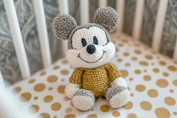 Poster - A model staging home, apartment, or house includes a nursery room with a bright yellow baby crib as the central focus, surrounded by various toys and a pillow