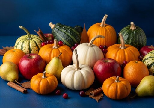 Autumn Harvest Abundance Still Life - A vibrant autumn still life featuring pumpkins, apples, pears, oranges, and cranberries, symbolizing harvest, abundance, autumnal colors, Thanksgiving, and