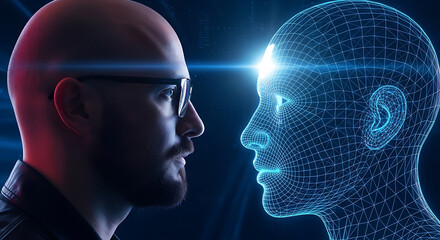 Poster - A human contemplating artificial intelligence depicted as a digital wireframe silhouette