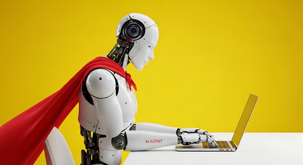 Poster - Artificial intelligence agent superhero working on laptop computer against a yellow background