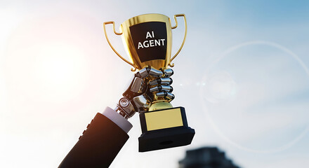 Poster - Artificial intelligence agent wins trophy symbolizing achievement and success in technology