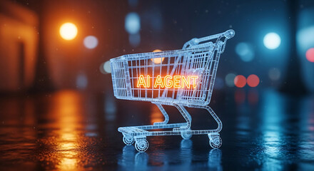 Poster - Futuristic concept of ai agent represented by a neon illuminated shopping cart on a city street