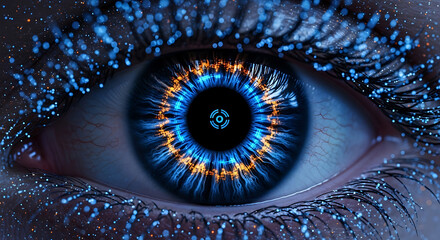 Poster - Futuristic digital eye with blue and orange glowing iris and sparkling particles around