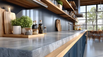 Poster - Experience a cozy atmosphere in this modern kitchen featuring a concrete countertop, wooden details, and minimalist design elements