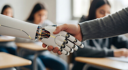 Poster - Human and robotic handshake illustrating artificial intelligence and future technology