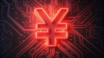 Poster - Neon Yuan Sign with Circuit Background Perfect for Tech and Finance Themes