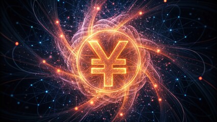 Poster - Glowing Yuan Symbol on Black Background with Abstract Digital Effects