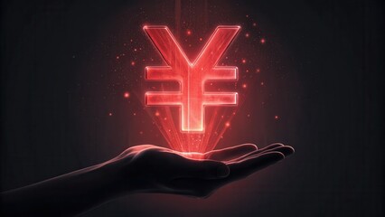 Poster - Red Holographic Yuan Symbol Floating Above Hand in Dark Background
