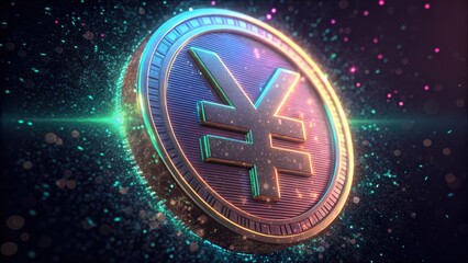 Poster - Glitchy Particle Art of Digital Yuan Coin With Vibrant Effects
