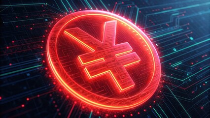 Poster - Glowing Red Yuan Icon with Digital Glitch and Futuristic Background