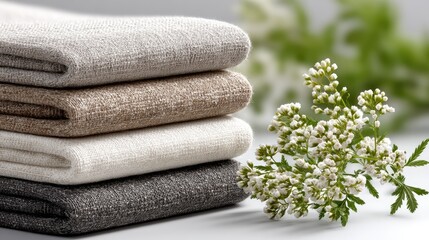 Poster - Beige and grey linen fabrics are neatly stacked with a delicate flower arrangement nearby, illuminated by soft white studio lighting