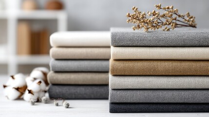 Poster - Beige and grey linen fabrics are neatly stacked with a delicate flower arrangement nearby, illuminated by soft white studio lighting