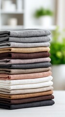 Poster - Beige and grey linen fabrics are neatly stacked with a delicate flower arrangement nearby, illuminated by soft white studio lighting