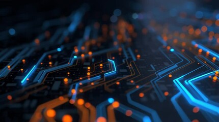 Fototapete - Futuristic Circuit Board with Glowing Lights Highlighting Technology