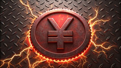 Poster - Red Icon of Yen Symbol with Electric Sparks on Metal Background