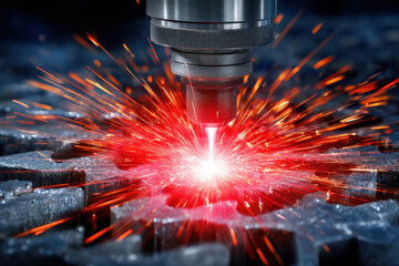 Poster - Laser cutting equipment engages metal sheet producing bright sparks at manufacturing site