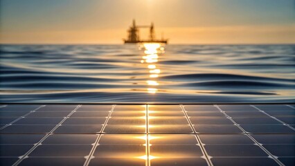 Poster - A dynamic image featuring the reflection of sunlight off solar panels with the rugged outlines of a drilling structure and small waves creating a harmonious interplay of light and.