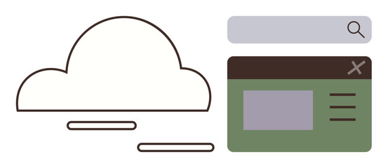Poster - Cloud with floating lines, search bar, window with text layout and menu options. Ideal for cloud computing, data storage, file management, technology, communication, cybersecurity simple landing