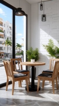 Bright summer day at a modern Japanese cafe with wooden tables, chairs, and a lovely white exterior under sunny skies