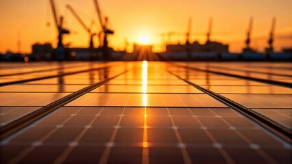 Poster - A medium closeup focusing on the reflective surface of solar panels glistening in sunset light with silhouettes of machinery and cranes providing a dynamic contrast..