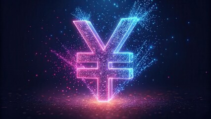 Poster - Neon Yuan Symbol with Particles on Dark Background in Low Resolution