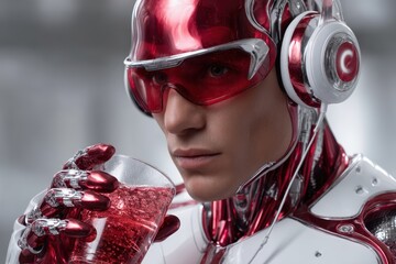Poster - Futuristic humanoid robot enjoying a refreshing drink in a high-tech environment