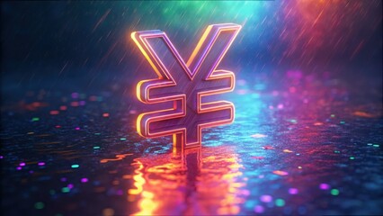 Aufkleber - Neon Yuan Symbol with Reflections in Rainy Atmosphere
