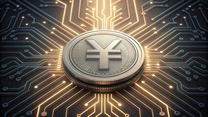 Poster - Macro Detail of Digital Yuan Coin on Circuit Board Background