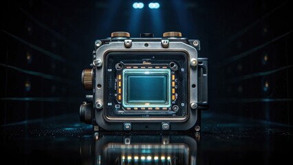 Aufkleber - An underwater camera capturing the reflective surface of the power hub against the dark depths revealing intricate technical designs lit by faint light..