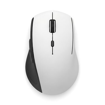 A sleek white wireless mouse with black accents, perfect for ergonomic comfort and efficient computing, A stylish and modern computer mouse isolated on a clean white background