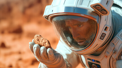 Wall Mural - astronauts conduct research on mars, carefully examining a rock sample while assessing the planet's 
