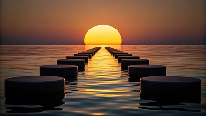 Aufkleber - Artistic view of shadows from the floating platforms cast on the water below with the sun setting in the background creating a contrast of light and dark..