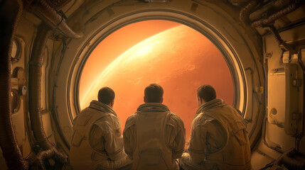 Wall Mural - three astronauts in space suits gaze out into the vast martian landscape, witnessing the orange plan