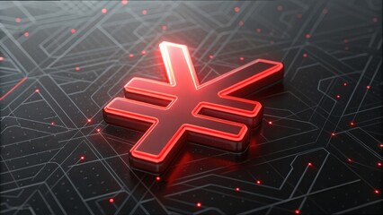 Poster - Glowing Red Yuan Logo with Reflections on a Dark Geometric Background