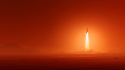 Wall Mural - a rocket descends on the martian sky, leaving a trail of fire and smoke as it embarks on its mission