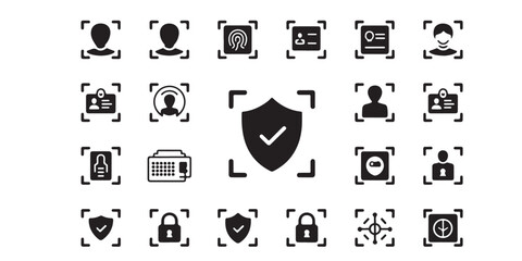 Poster - Collection of security and identification icons in black and white on a white background