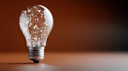 Fototapete - Glowing light bulb crafted from dots and lines represents endless creativity and innovation in technology against an orange backdrop