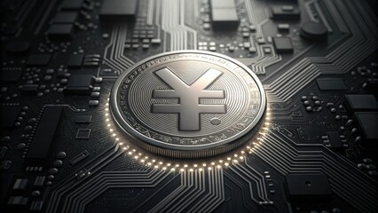 Poster - Digital Yuan Coin on Computer Motherboard with Gigapixel Detail