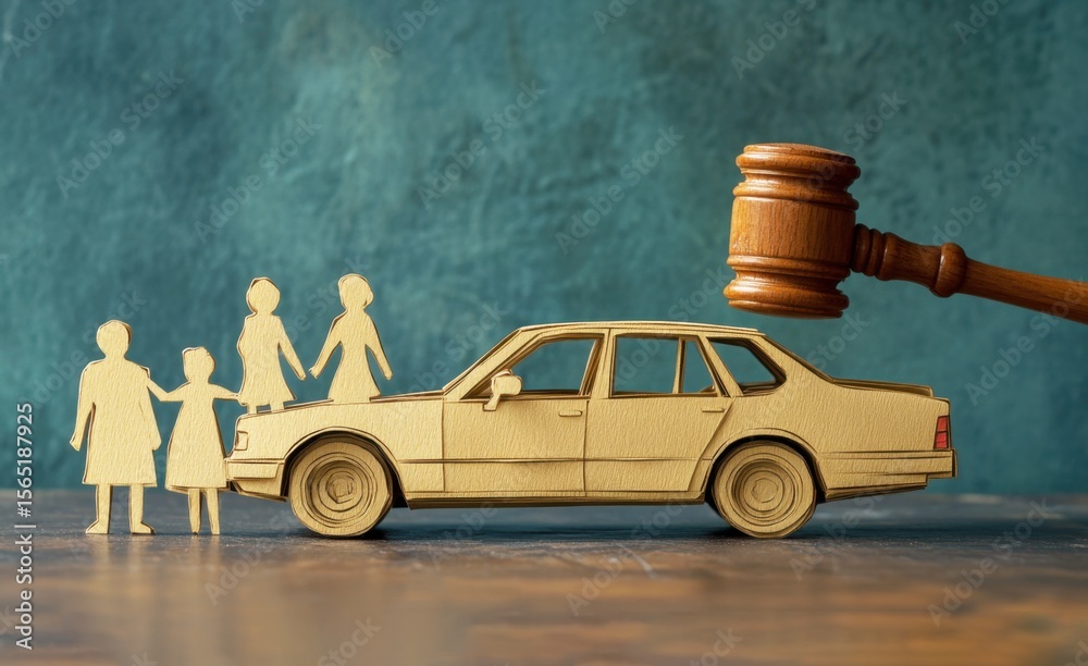 Vehicles Justice Conceptual representation of family, car, and legal proceedings with ...