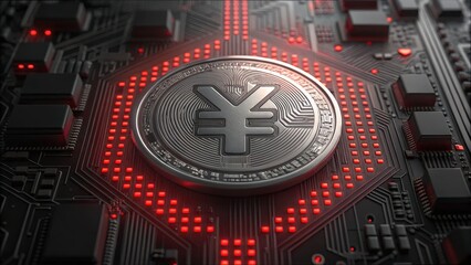 Poster - Digital Yuan Coin on Red Motherboard with High-Resolution Detail