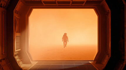 Wall Mural - an astronaut steps into the dusty martian landscape, marked by a glowing orange sky. this moment hig