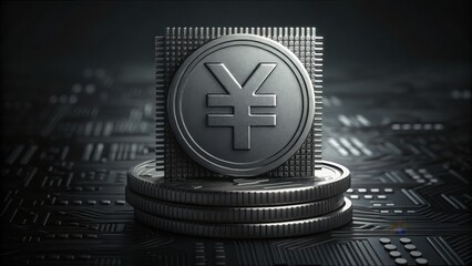 Poster - Digital Yuan Coin Stacked on Circuit Board for Financial Innovation