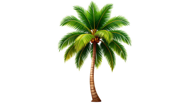 Realistic 3d rendering of leaning coconut palm tree, isolated on transparent background with tropical paradise essence