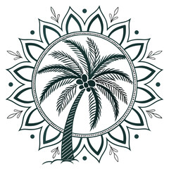 Poster - Intricate decorative palm tree design in a mandala style featuring detailed symmetrical patterns ideal for backgrounds logos or creative design projects with a tropical artistic