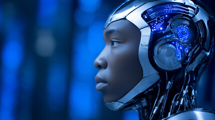 Poster - A humanoid robot stands in a metallic setting, showcasing intricate designs and illuminated blue details. The robot's expressive features convey a sense of awareness and advanced technology