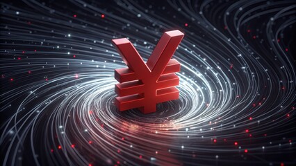 Poster - Red Yen Sign Surrounded by Data Streams in a Futuristic Setting