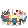 © AKay - A large team of twelve employees are sitting at a conference table, engaged in discussion. The group includes men and women of different ages and backgrounds.